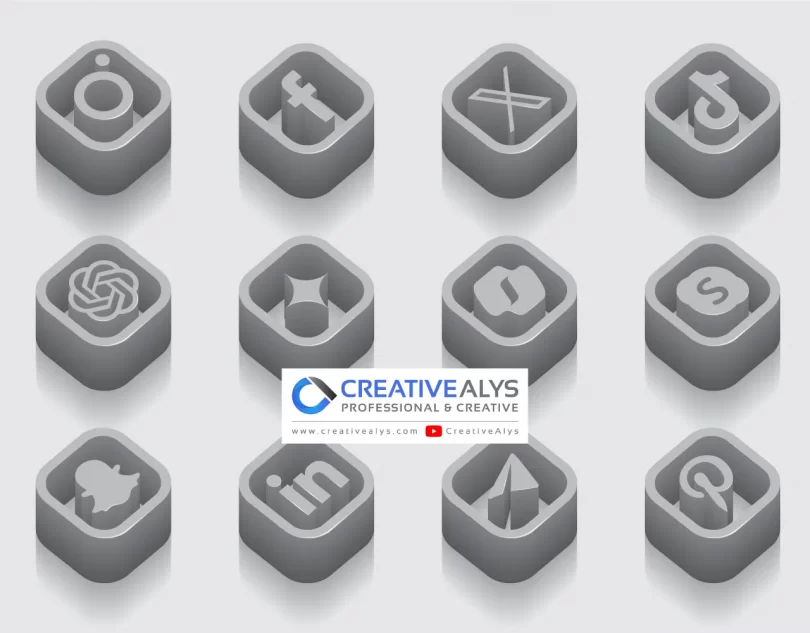 3D Monochromatic Glossy Social Media and AI Vector Icons