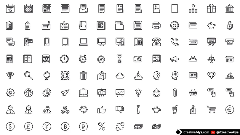 100 Stroke-Style Vector Icons Collection