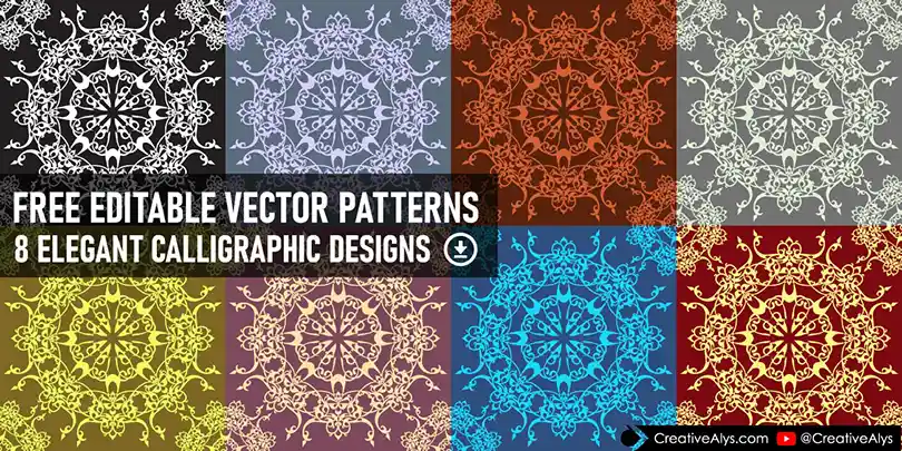 Elegant calligraphic seamless pattern vector pack with 8 color variations including monochrome black and white design