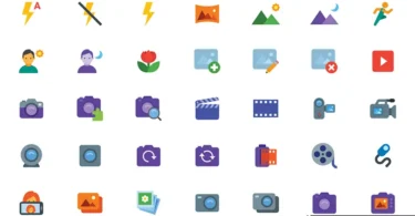 Grid of 35 colorful vector icons for photography and video, including camera, flash, gallery, and film symbols, offered as a freebie by CreativeAlys.