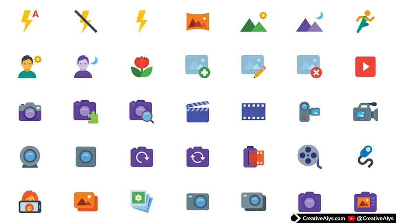 Grid of 35 colorful vector icons for photography and video, including camera, flash, gallery, and film symbols, offered as a freebie by CreativeAlys.