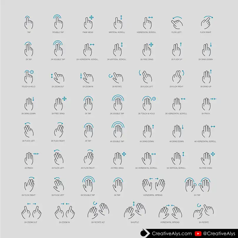Hand gesture vector icons pack with light and dark mode variations in AI, EPS, SVG formats