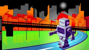 Robots On Street: Artificial General Intelligence (AGI) — Free Vector Illustration