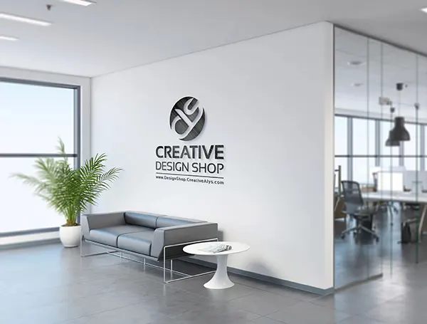 3D Metallic Logo Display on Modern Office Wall