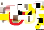 Abstract digital artwork with layered geometric shapes in yellow, red, black, and gray representing chaos and hidden emotion.
