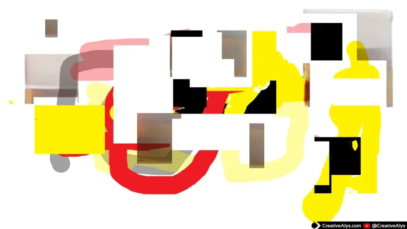 Abstract digital artwork with layered geometric shapes in yellow, red, black, and gray representing chaos and hidden emotion.