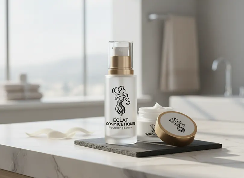 Minimalist black beauty logo printed on cosmetic skincare packaging bottles and jars, perfect for salon and spa branding.