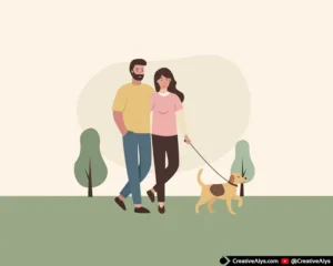 Couple Walking Dog – Flat Vector Illustration