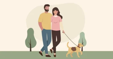 Couple Walking Dog – Flat Vector Illustration