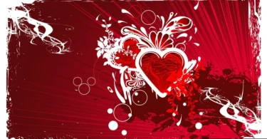 Creative grungy red heart vector background design with floral flourishes and splatters in AI EPS SVG format
