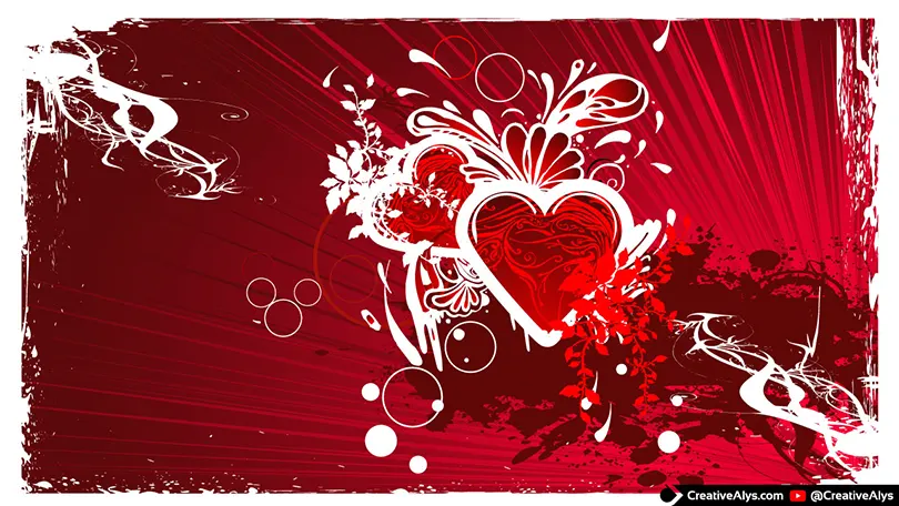 Creative grungy red heart vector background design with floral flourishes and splatters in AI EPS SVG format
