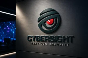 CyberSight cybersecurity logo 3D metallic sign mockup on dark brushed metal wall with tech lighting