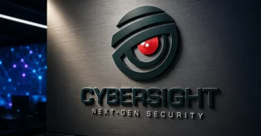 CyberSight cybersecurity logo 3D metallic sign mockup on dark brushed metal wall with tech lighting
