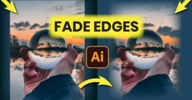 Comparison showing how to fade and feather edges in Adobe Illustrator using the Stylize effect. Left: Sharp edges. Right: Soft, blurred edges on a glass ball photo.