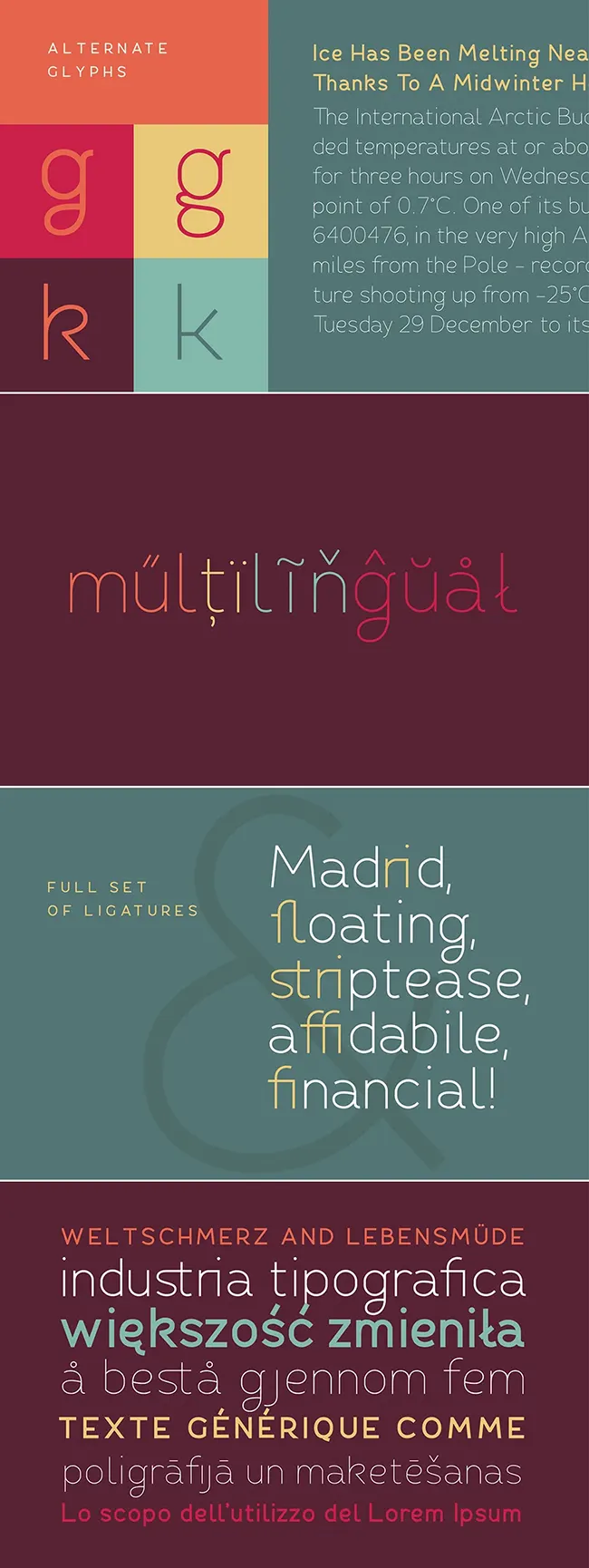 Fibon Sans typographic features showing multilingual support, alternate glyphs, and ligatures