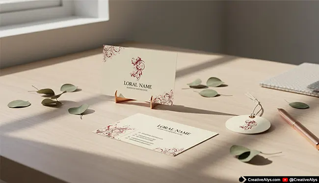 Business card and brand tag mockup incorporating elegant floral vector corner designs for a sophisticated branding aesthetic.