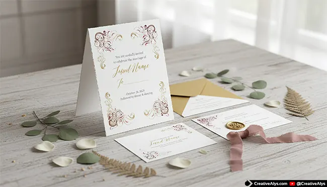 Elegant wedding invitation mockup featuring ornate floral vector scrolls in gold and burgundy, ideal for formal event stationery.