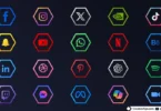 Preview of 20 free 3D hexagon social media and tech icons with neon borders on a dark background, including Facebook, Instagram, X, and ChatGPT.