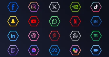 Preview of 20 free 3D hexagon social media and tech icons with neon borders on a dark background, including Facebook, Instagram, X, and ChatGPT.
