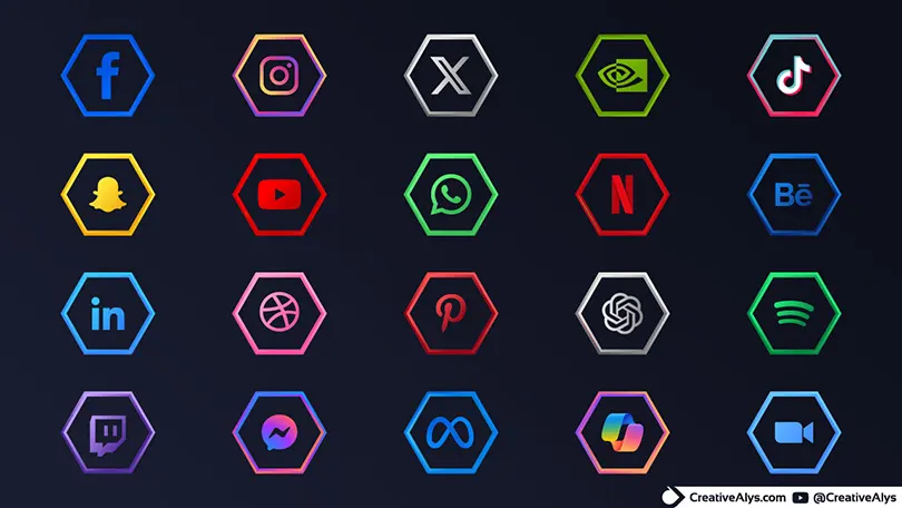 Preview of 20 free 3D hexagon social media and tech icons with neon borders on a dark background, including Facebook, Instagram, X, and ChatGPT.