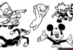 Black and white vector illustrations of classic cartoon characters including a mouse, a skateboarding boy, and a devil mascot.