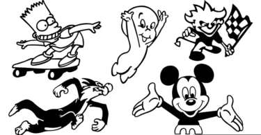 Black and white vector illustrations of classic cartoon characters including a mouse, a skateboarding boy, and a devil mascot.