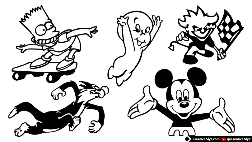 Black and white vector illustrations of classic cartoon characters including a mouse, a skateboarding boy, and a devil mascot.