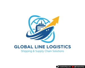 Global Line Logistics and shipping vector logo template with globe, cargo ship, and orange arrow.