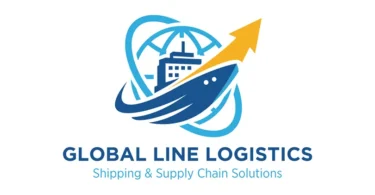 Global Line Logistics and shipping vector logo template with globe, cargo ship, and orange arrow.
