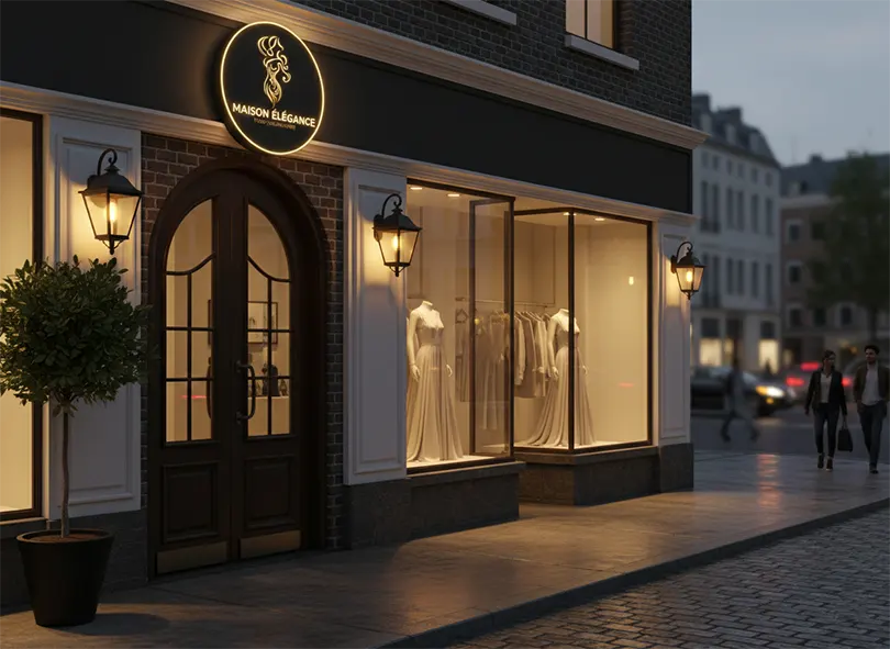Luxury gold fashion logo design displayed on a boutique clothing store signage to show 3D shop branding potential.