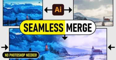Step-by-step tutorial showing how to merge two images seamlessly in Adobe Illustrator using opacity mask