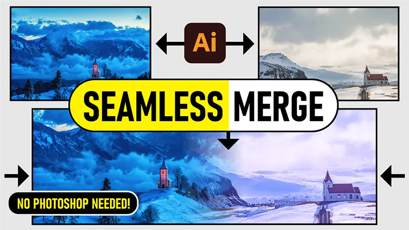 Step-by-step tutorial showing how to merge two images seamlessly in Adobe Illustrator using opacity mask