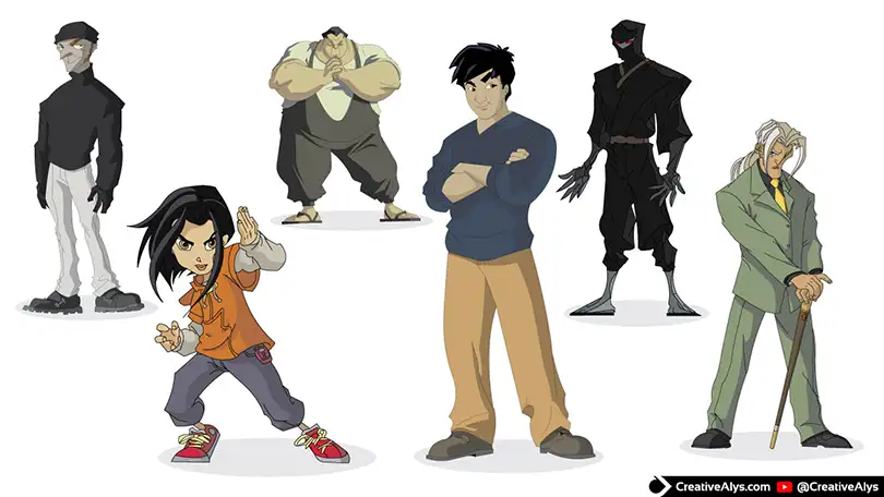 Jackie Chan Adventures cartoon characters vector pack including Jackie, Jade, Tohru, Valmont, and Shadowkhan available for free download.