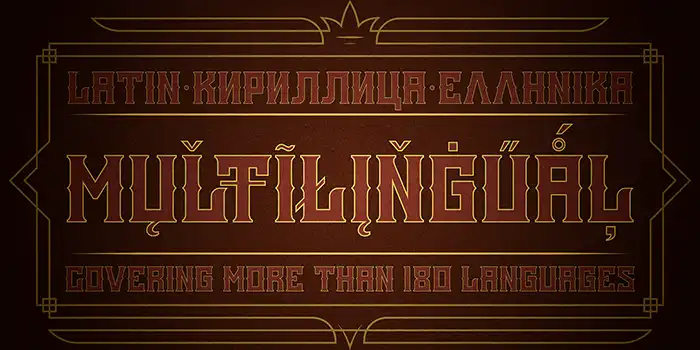Multilingual typography sample of Kafenia font supporting Latin, Cyrillic, and Greek alphabets for over 180 languages.