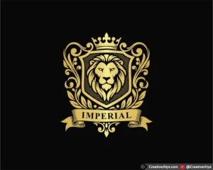 Flat vector design of a luxury golden lion head enclosed in a royal crest shield with a crown and ornate gold scrollwork on a black background.
