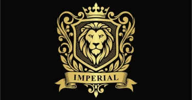 Flat vector design of a luxury golden lion head enclosed in a royal crest shield with a crown and ornate gold scrollwork on a black background.