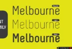 Melbourne modern sans serif font family preview showing Light, Regular, and Bold weights on yellow background