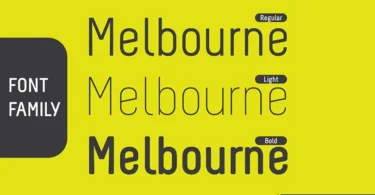 Melbourne modern sans serif font family preview showing Light, Regular, and Bold weights on yellow background