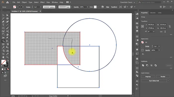 Dragging a line across regions to merge shapes using the Shape Builder tool.