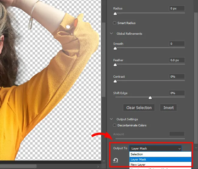 Output as Layer Mask in Photoshop Select and Mask.