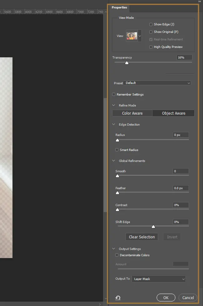 Properties Panel of Select and Mask in Photoshop