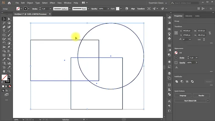 Selecting overlapping circles and rectangles in Adobe Illustrator before using shape builder.