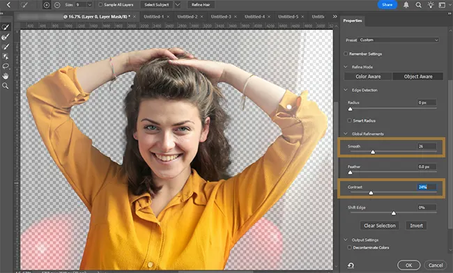 Smooth and Contract properties of Select and Mask in Photoshop