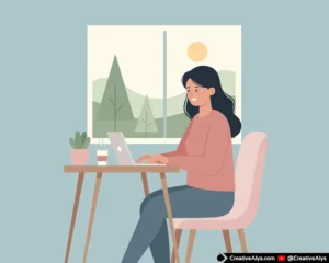 Woman Working on Laptop in Cozy Home Office Vector Illustration
